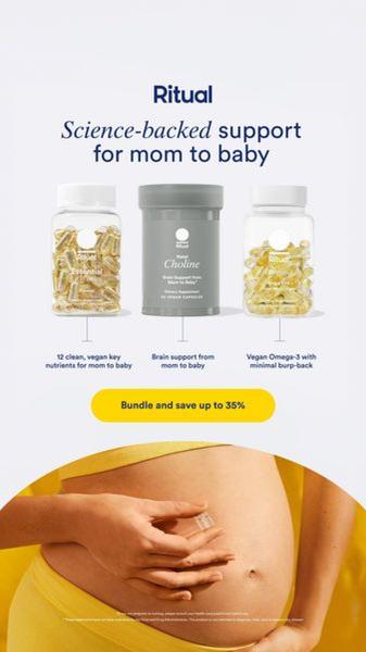 A vertical ad layout showcasing three supplement bottles positioned above a pregnant woman to visually link product benefits with motherhood.